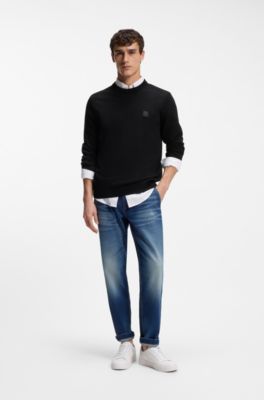 Cotton-blend sweater with logo patch, Black