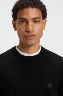 Knitted sweater in cotton and cashmere with logo label, Black
