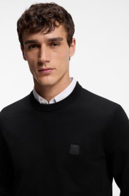 Cotton-blend sweater with logo patch, Black