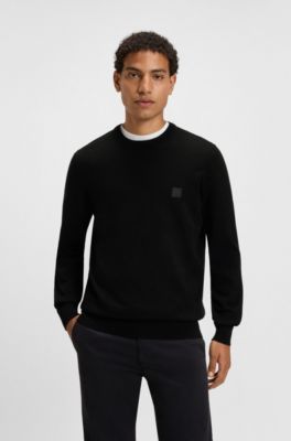 Knitted sweater in cotton and cashmere with logo label, Black