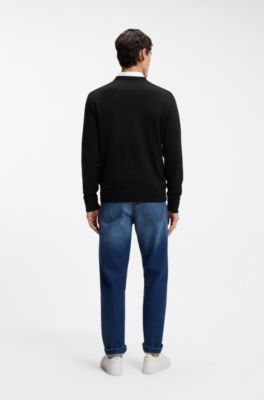 Knitted sweater in cotton and cashmere with logo label, Black