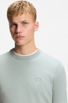Knitted sweater in cotton and cashmere with logo label, Light Grey
