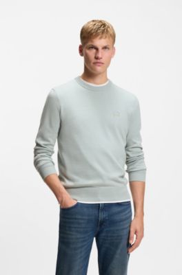 Knitted sweater in cotton and cashmere with logo label, Light Grey