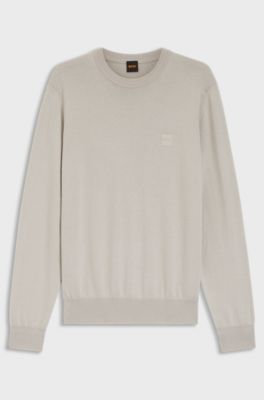 Knitted sweater in cotton and cashmere with logo label, Light Grey