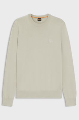 Cotton-blend sweater with logo patch, Light Beige