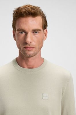 Maglione in misto cotone e cashmere con toppa con logo, Beige chiaro