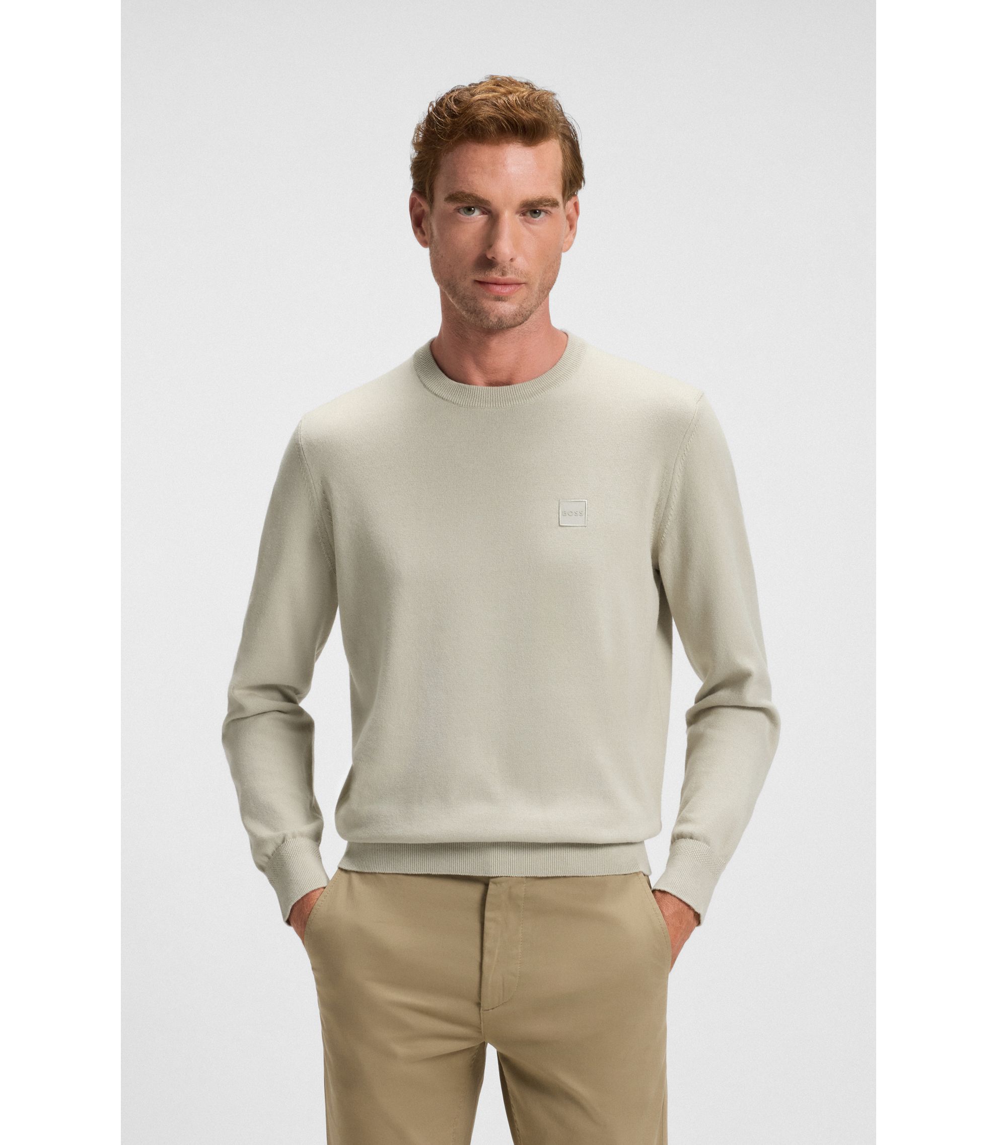 BOSS - ニットセーター コットン/カシミア ロゴラベル - ライトベージュ