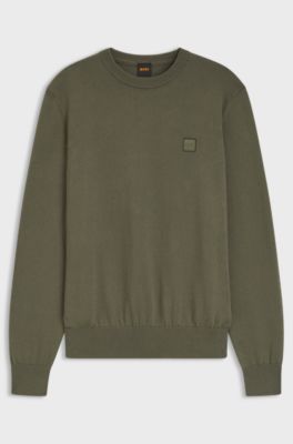 Cotton-blend sweater with logo patch, Olive