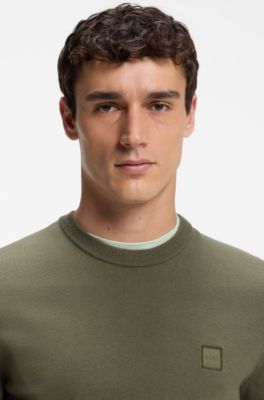 Cotton-blend sweater with logo patch, Olive