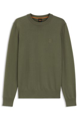 Knitted sweater in cotton and cashmere with logo label, Olive