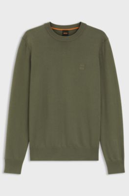 Cotton-blend sweater with logo patch, Olive