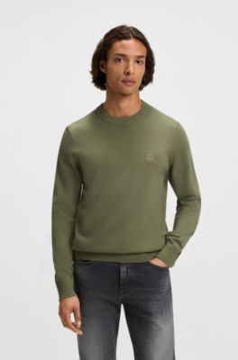 Logo-patch sweater in a cotton blend with cashmere, Olive