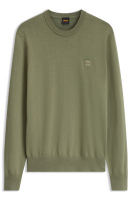 Cotton-blend sweater with logo patch, Olive