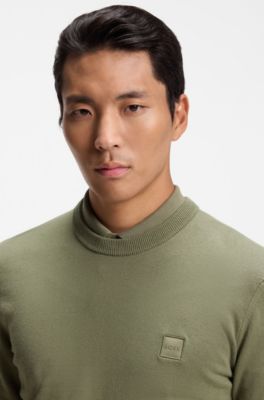 Cotton-blend sweater with logo patch, Olive