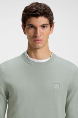 Strikket sweater i bomuld og kashmir med logom&aelig;rke, Lysegr&oslash;n