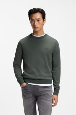 Cotton-blend sweater with logo patch, Dark Green