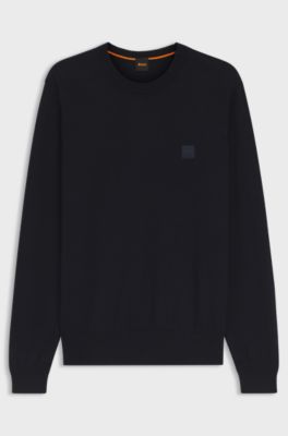 Knitted sweater in cotton and cashmere with logo label, Dark Blue