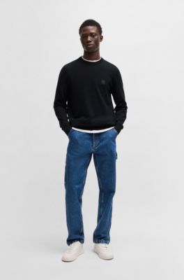 Knitted sweater in cotton and cashmere with logo label, Dark Blue