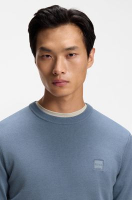 Cotton-blend sweater with logo patch, Blue