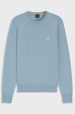 Cotton-blend sweater with logo patch, Light Blue