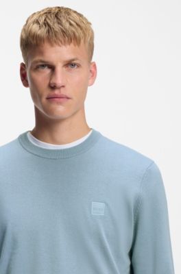 Maglione in cotone e cashmere con etichetta con logo, Celeste