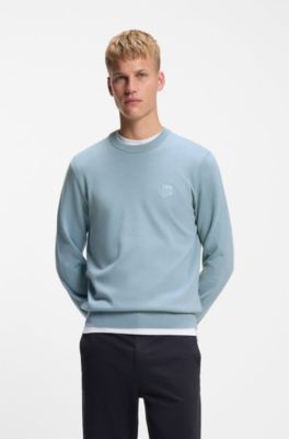 Maglione in misto cotone e cashmere con toppa con logo, Celeste