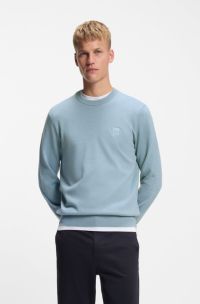 Knitted sweater in cotton and cashmere with logo label, Light Blue