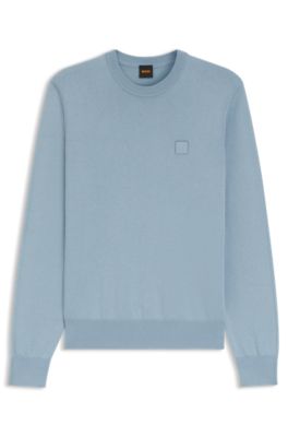 Knitted sweater in cotton and cashmere with logo label, Light Blue