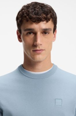 Knitted sweater in cotton and cashmere with logo label, Light Blue