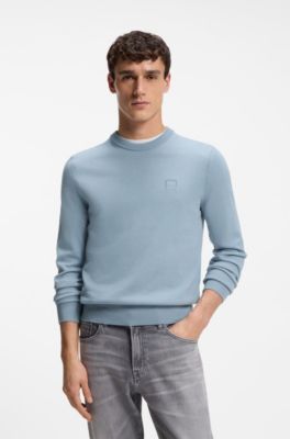 Knitted sweater in cotton and cashmere with logo label, Light Blue
