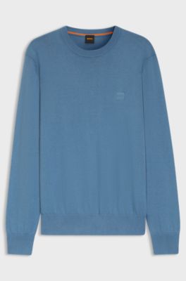Knitted sweater in cotton and cashmere with logo label, Blue