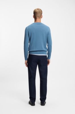 Knitted sweater in cotton and cashmere with logo label, Blue