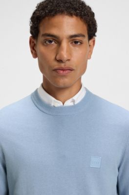 Maglione in misto cotone e cashmere con toppa con logo, Celeste