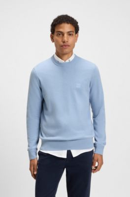 Maglione in misto cotone e cashmere con toppa con logo, Celeste