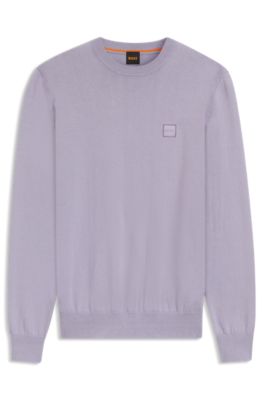 Knitted sweater in cotton and cashmere with logo label, Light Purple