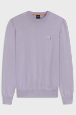 Knitted sweater in cotton and cashmere with logo label, Light Purple