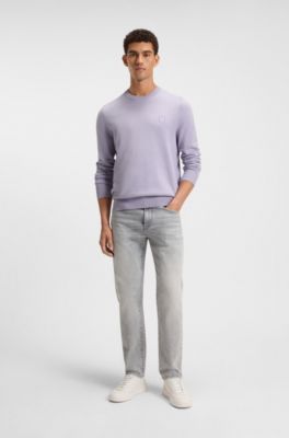 Knitted sweater in cotton and cashmere with logo label, Light Purple