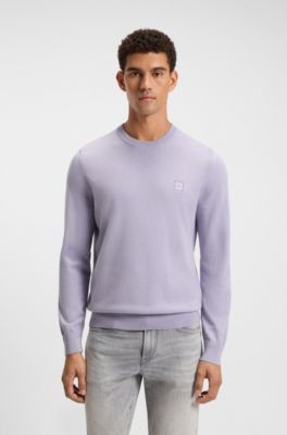 Knitted sweater in cotton and cashmere with logo label, Light Purple