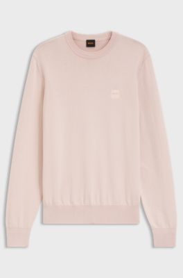 Knitted sweater in cotton and cashmere with logo label, light pink