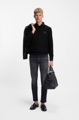 Cotton-piqu&eacute; sweater with logo patch, Black