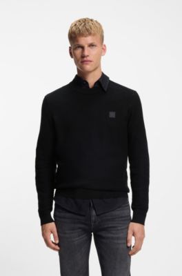 Cotton-piqu&eacute; sweater with logo patch, Black