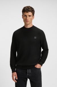 Structured sweater in cotton and cashmere with logo patch, Black