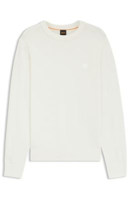 Structured sweater in cotton and cashmere with logo patch, White