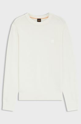 Maglione strutturato in cotone e cashmere con toppa con logo, Bianco