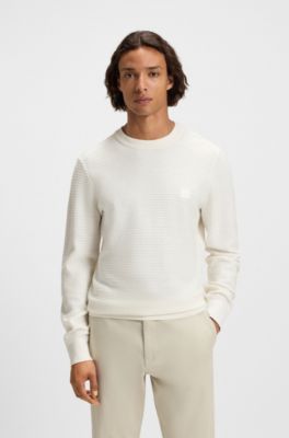 Structured sweater in cotton and cashmere with logo patch, White
