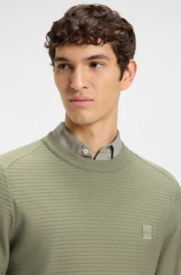 Structured sweater in cotton and cashmere with logo patch, Light Green