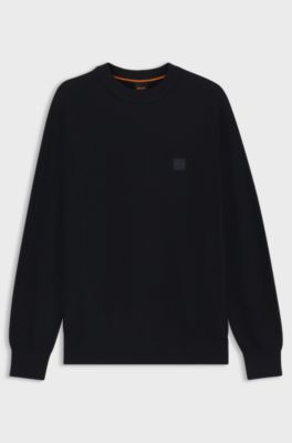 Structured sweater in cotton and cashmere with logo patch, Dark Blue