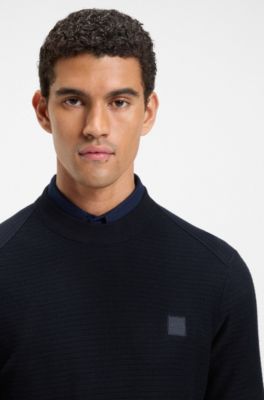 Structured sweater in cotton and cashmere with logo patch, Dark Blue
