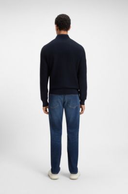 Structured sweater in cotton and cashmere with logo patch, Dark Blue
