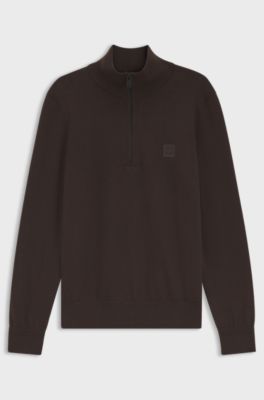 Cotton-cashmere sweater with zip collar, Dark Brown